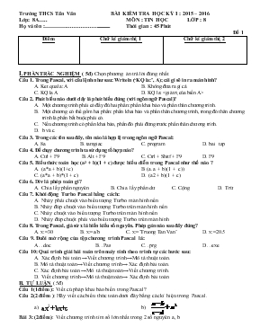 Bài kiểm tra học kỳ I - Năm học 2015  2016 môn Tin học lớp 8 - Trường THCS Tân Văn